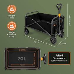 Zložljiv transportni voziček VonHaus s prostornino 70 litrov, nosilnostjo do 100 kg in vodoodporno tkanino omogoča enostaven prevoz vrtnega orodja, nakupov, kamping opreme in drugih potrebščin.