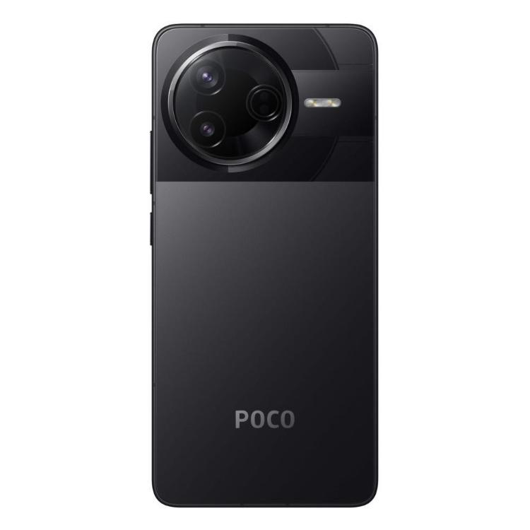 POCO F7 PRO pametni telefon črn z velikim krožnim modulom kamer, trojno kamero in minimalističnim dizajnom