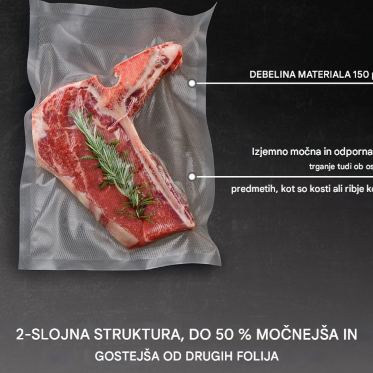 Profesionalne vakuumske vrečke CASO Design z debelino materiala 150 μm zagotavljajo izjemno odpornost proti trganju ter zanesljivo vakuumiranje tudi pri živilih z ostrimi robovi, kot so kosti in ribje kosti.