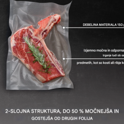 Profesionalne vakuumske vrečke CASO Design z debelino materiala 150 μm zagotavljajo izjemno odpornost proti trganju ter zanesljivo vakuumiranje tudi pri živilih z ostrimi robovi, kot so kosti in ribje kosti.