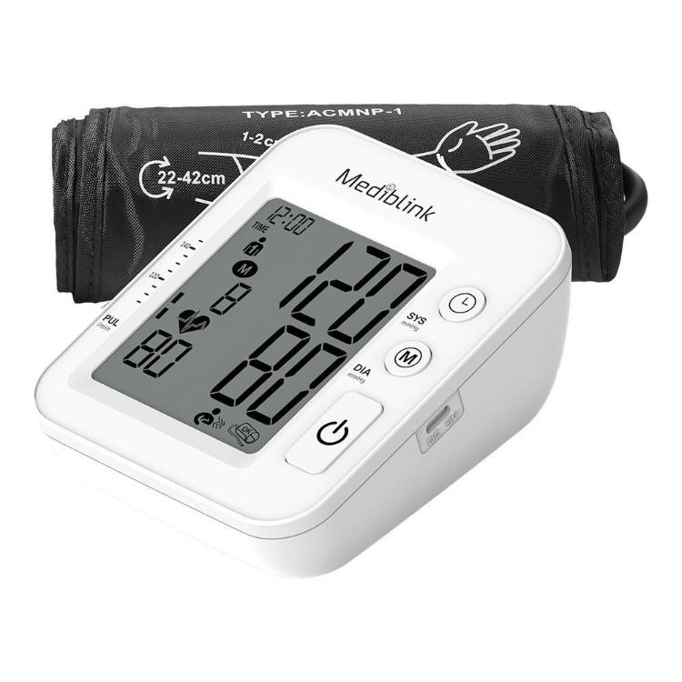 Merilnik krvnega tlaka Mediblink M510 z veliko LCD-zaslonsko enoto in manšeto za nadlaket.
