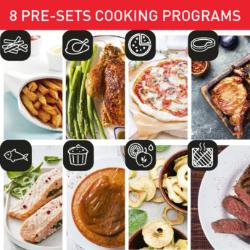 Grafika z napisom »8 Pre‑Sets Cooking Programs« ter ikonami in fotografijami različnih vrst jedi.