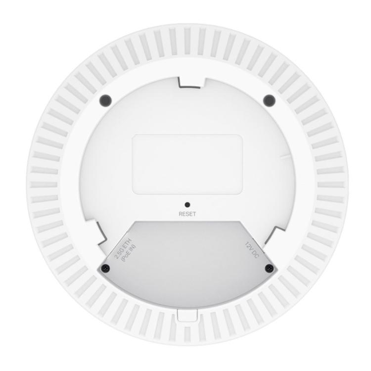 Zadnja stran dostopne točke TP-Link Omada prikazuje omrežni priključek 2.5 Gigabit Ethernet s podporo PoE, vhod za napajanje 12 V DC in gumb za ponastavitev za enostavno namestitev ter upravljanje naprave.