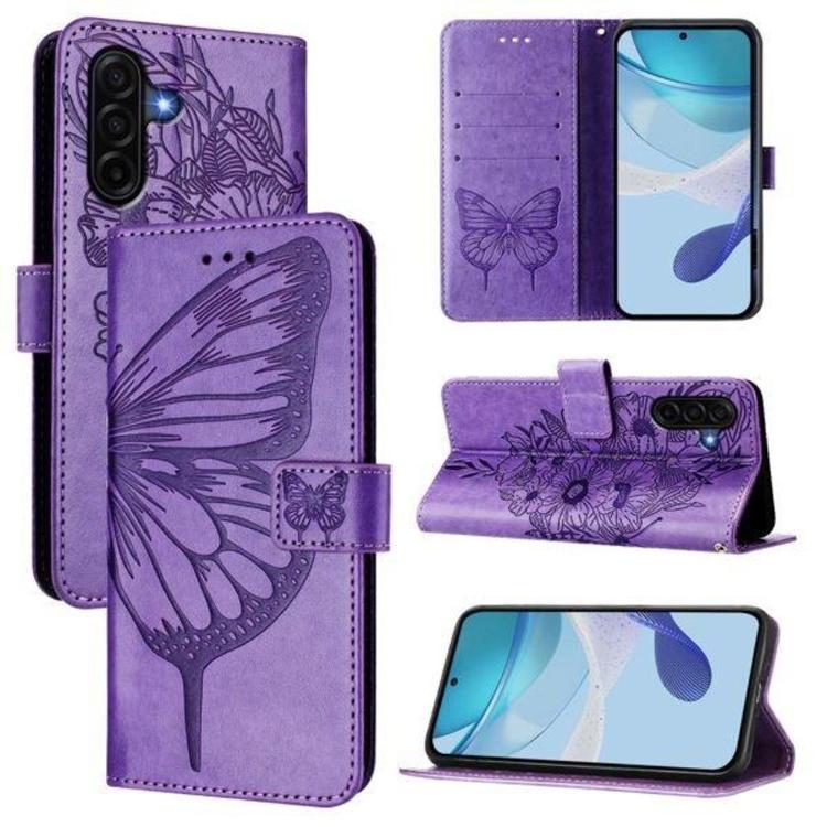 Ovitek tipa denarnica za pametni telefon Samsung Galaxy A37 5G z motivom metulja v vijolični barvi.