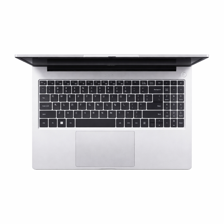 Zgornji pogled na prenosnik Acer: črna tipkovnica s številčnico, velik sledilnik in srebrno ohišje.