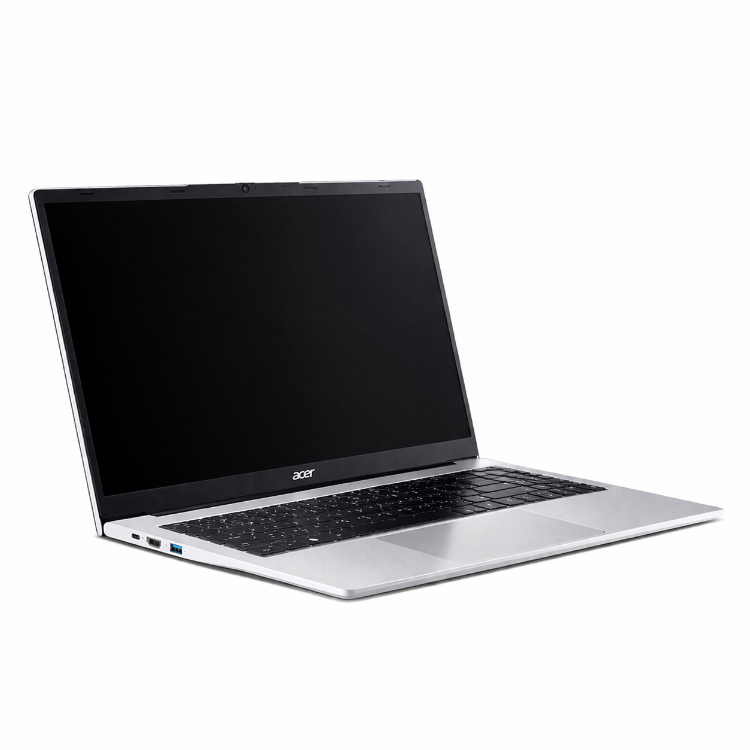 Odprt prenosnik Acer pod kotom, črn zaslon, tanek srebrn dizajn in vidni stranski priključki.