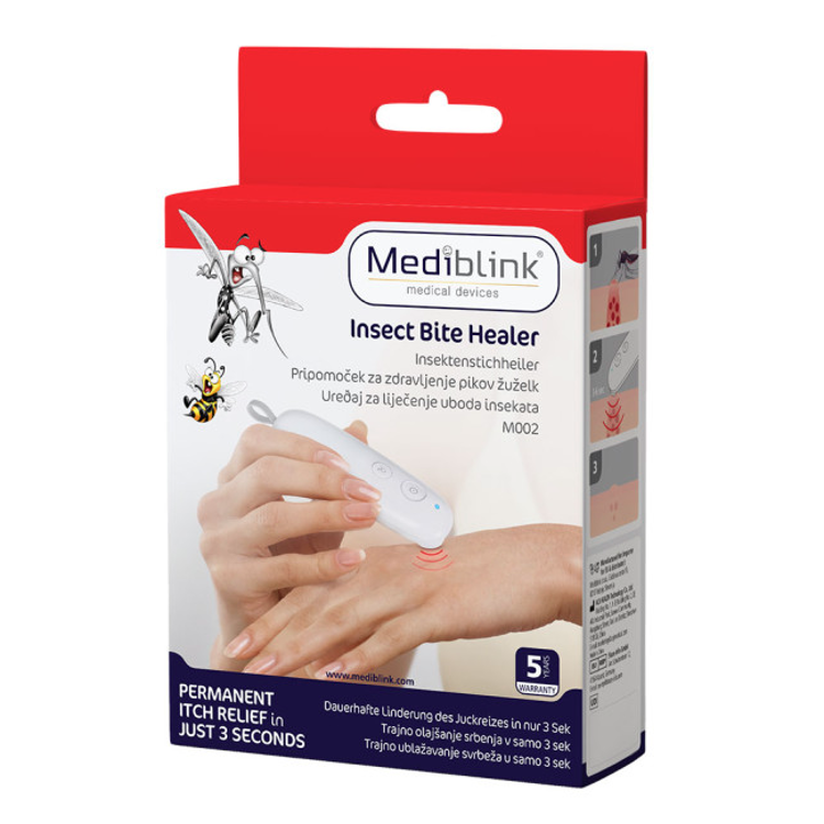 Embalaža naprave za lajšanje pikov žuželk z prikazom uporabe