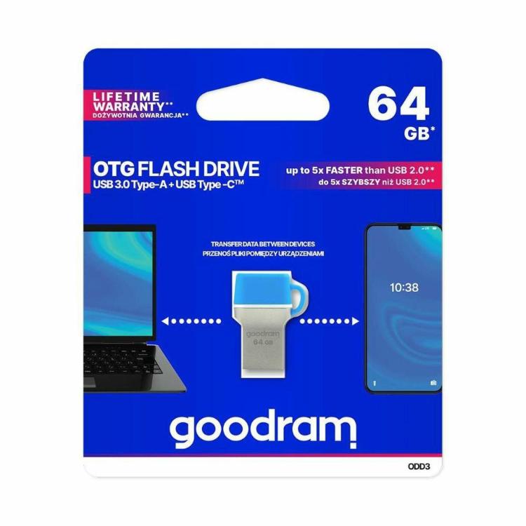 USB ključ 3.0, 64 GB, USB-A in USB-C, Goodram, modra
