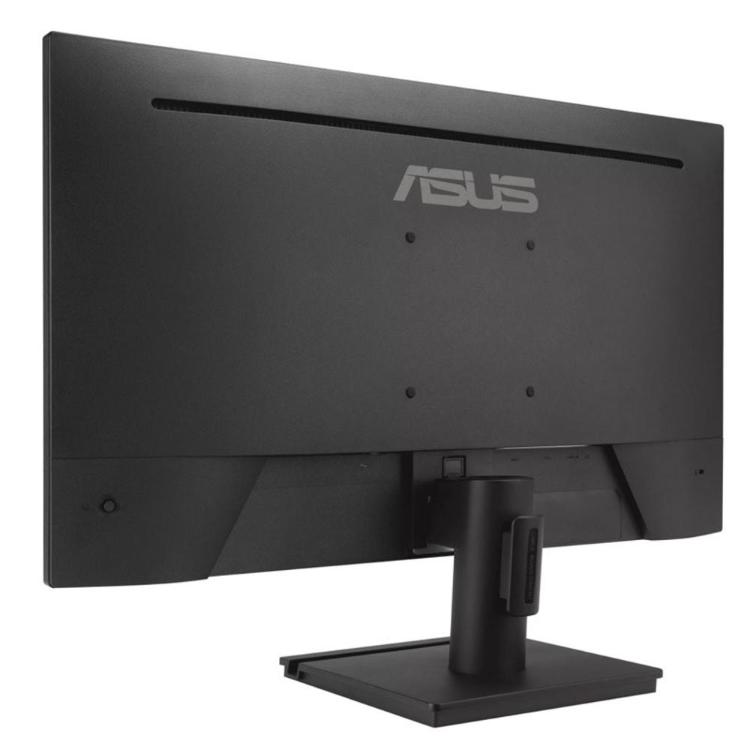 ASUS monitor z elegantnim črnim dizajnom, ozkimi robovi zaslona in ergonomskim stojalom omogoča udobno delo ter kakovosten prikaz vsebin v domačem ali poslovnem okolju.
