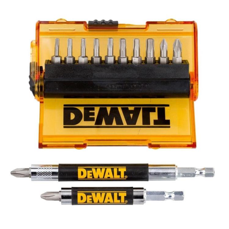 DeWalt set vijačnih nastavkov (bitov) v prozorni rumeni škatlici z različnimi nastavki za vijačenje ter dvema magnetnima držaloma nastavkov z logotipom DeWalt.