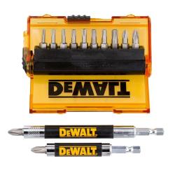 DeWalt set vijačnih nastavkov (bitov) v prozorni rumeni škatlici z različnimi nastavki za vijačenje ter dvema magnetnima držaloma nastavkov z logotipom DeWalt.