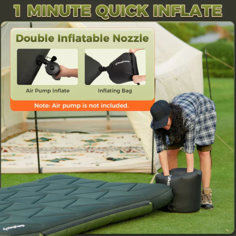 Hitro napihovanje dvojne kamping blazine KingCamp z dvojnim ventilom, uporaba z inflacijsko vrečo ali črpalko.