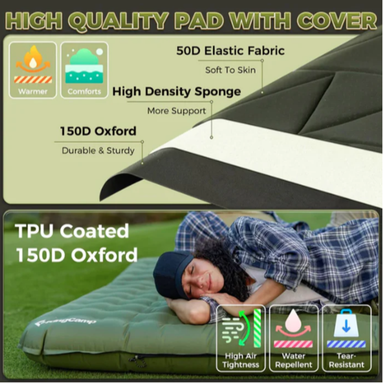 Visokokakovostna dvojna kamping blazina KingCamp z gosto peno, TPU prevlečenim oxford materialom ter vodoodporno in trpežno površino.