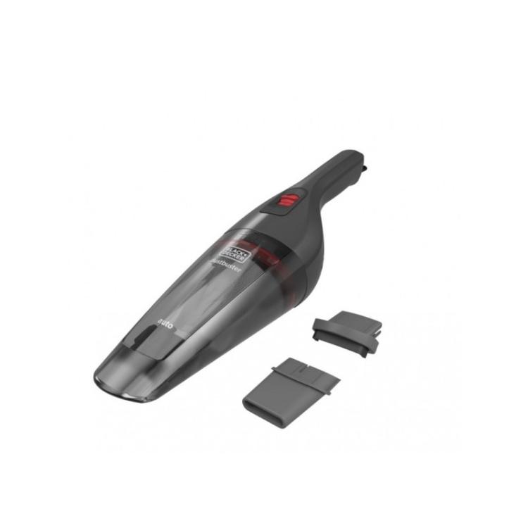Ročni sesalnik Black+Decker z dodatnimi nastavki, prikaz šobe za reže in krtače za čiščenje.