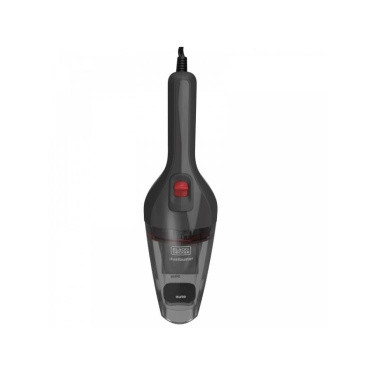 Ročni sesalnik Black+Decker Dustbuster, sprednji pogled z upravljalnim gumbom in prozorno posodo za prah.