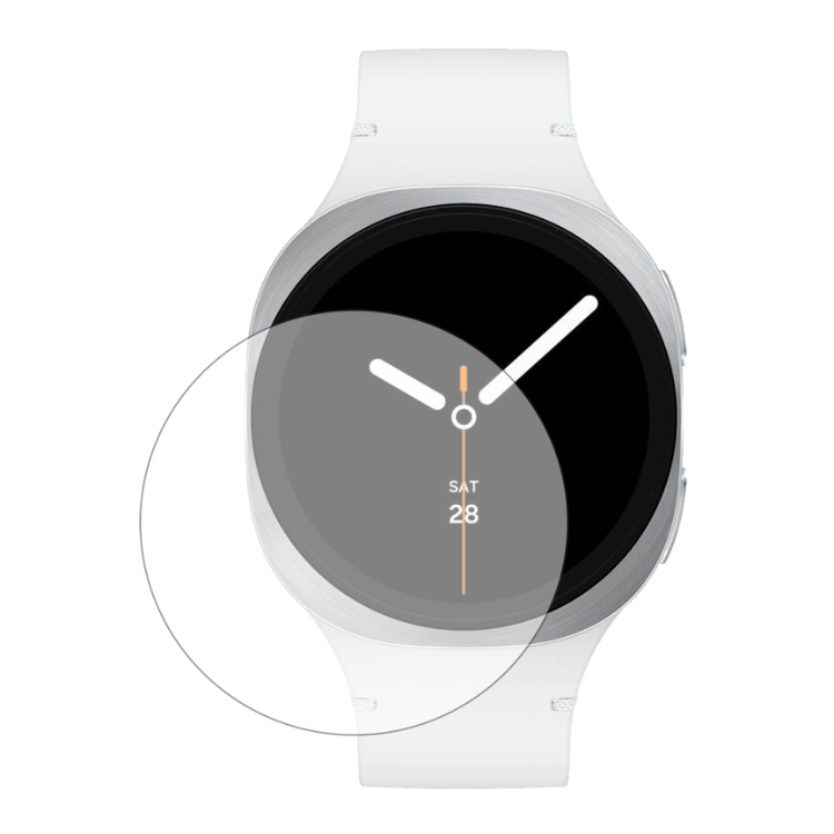 Prosojno zaščitno kaljeno steklo za pametno uro Samsung Galaxy Watch8 (44 mm), prikazano na zaslonu ure.
