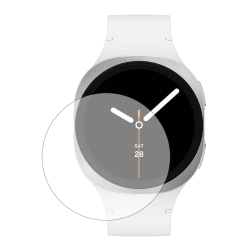 Prosojno zaščitno kaljeno steklo za pametno uro Samsung Galaxy Watch8 (44 mm), prikazano na zaslonu ure.