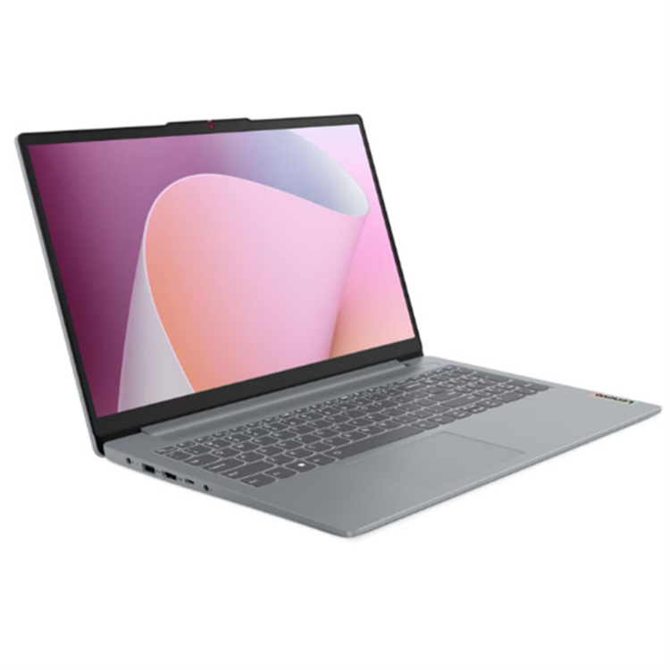 Srebrn prenosnik Lenovo IdeaPad Slim 3 odprt z velikim zaslonom, tankim okvirjem in tipkovnico polne velikosti.