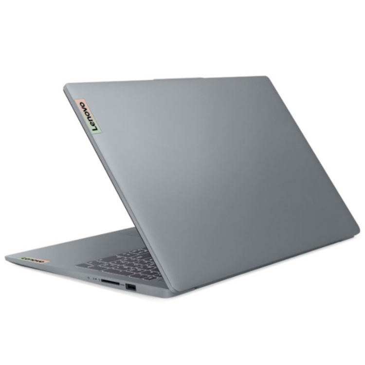 Srebrn prenosnik Lenovo IdeaPad Slim 3 napol zaprt, pogled zadaj, tanek profil in elegantna kovinska površina.