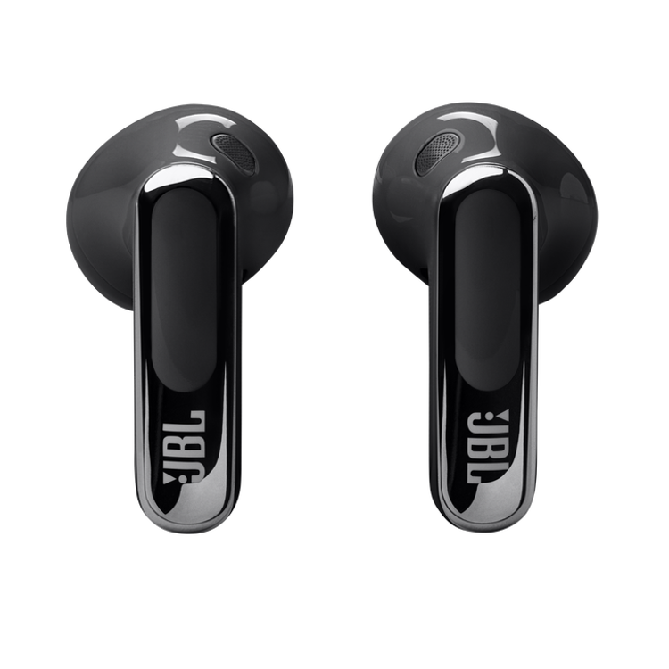 Brezžične ušesne slušalke JBL črne barve, pogled od spredaj