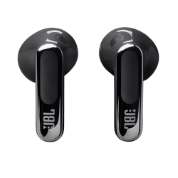 Brezžične ušesne slušalke JBL črne barve, pogled od spredaj