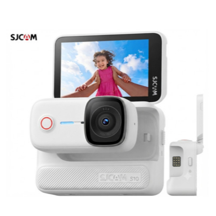 SJCAM S10 bela akcijska kamera – pogled od spredaj z odprtim vrtljivim zaslonom in širokokotnim objektivom.