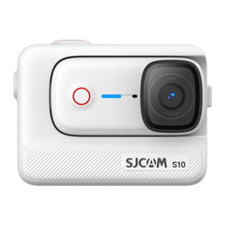 SJCAM S10 bela akcijska kamera – sprednji pogled na kompaktno ohišje z objektivom in gumbom za snemanje.