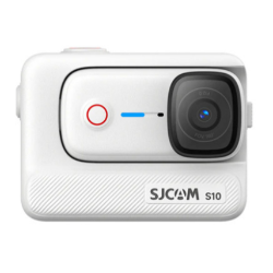 SJCAM S10 bela akcijska kamera – sprednji pogled na kompaktno ohišje z objektivom in gumbom za snemanje.