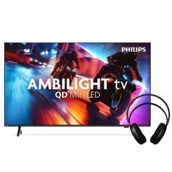 Philips Ambilight TV QD MiniLED 85": dinamičen prizor motorjev, tanek zaslon, priložene črne slušalke.
