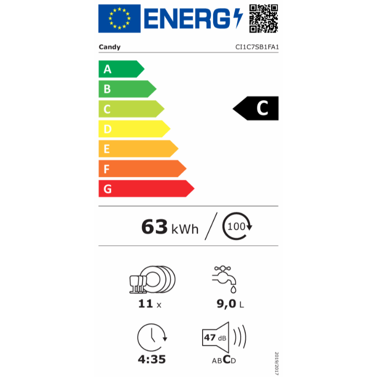 Energijska nalepka za vgradni pomivalni stroj Candy CI1C7SB1FA1 z energijskim razredom C, porabo 63 kWh na 100 ciklov, kapaciteto 11 pogrinjkov, porabo vode 9,0 L na cikel in glasnostjo 47 dB.