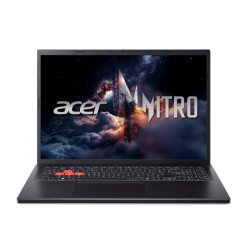 Acer Nitro prenosnik, odprt pogled spredaj, črn dizajn, osvetljena tipkovnica in gaming grafika na zaslonu.
