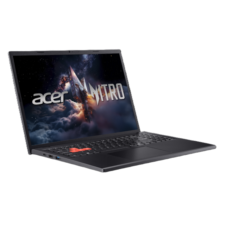 Gaming prenosnik Acer Nitro, odprt pod kotom, črno ohišje, rdeče označene tipke WASD in zaslon z logotipom Nitro.
