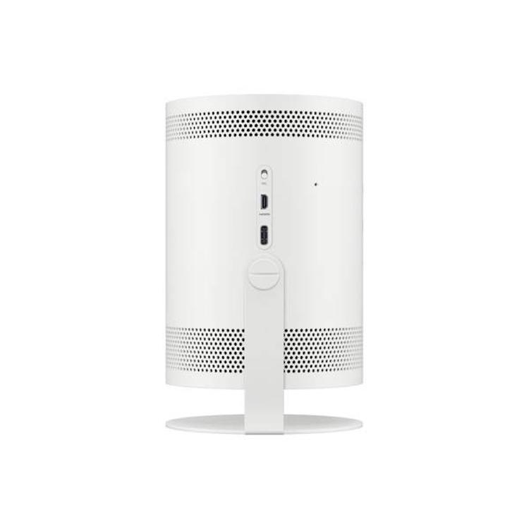 Samsung The Freestyle LFF3CLA projektor, zadnji priključki USB‑C in micro HDMI, minimalističen bel dizajn.