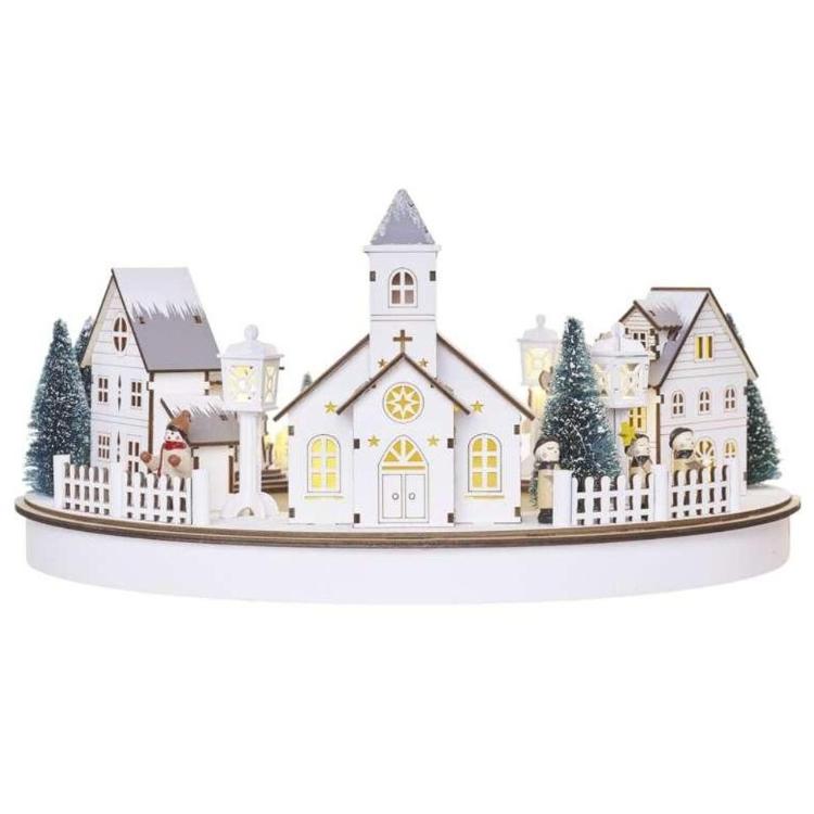 LED božična vasica, krog 19,5 cm, 2× AA, notranja, topla bela, časovnik