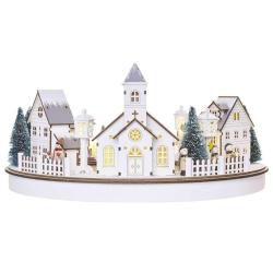 LED božična vasica, krog 19,5 cm, 2× AA, notranja, topla bela, časovnik