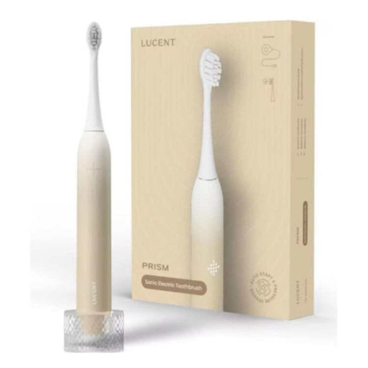 Lucent: Prism sonična zobna ščetka z embalažo, bež barva, priložena škatla z napisom Sonic Electric Toothbrush
