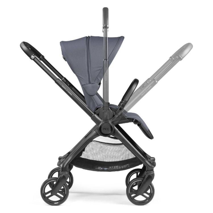 Otroški voziček z nastavljivim sedežem v različnih položajih, stranski pogled