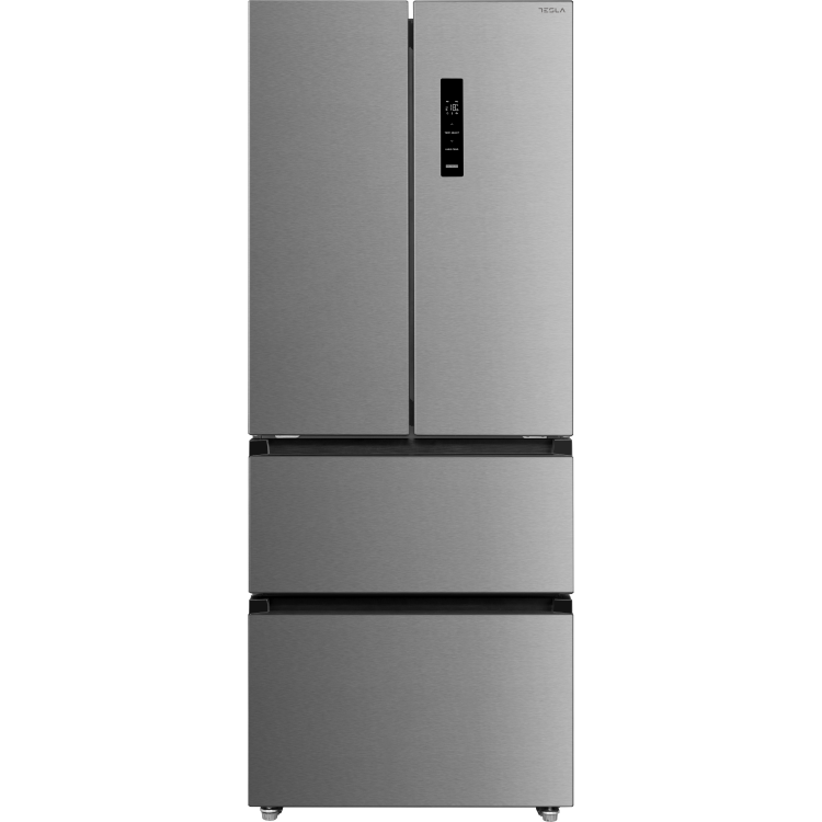 Tesla French Door hladilnik v inox izvedbi s štirivratno zasnovo, dvema zgornjima hladilnima vratoma, dvema spodnjima zamrzovalnima predaloma in zunanjim digitalnim zaslonom za upravljanje temperature