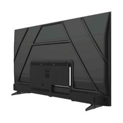 Zadnja stran TV Haier s podporno konstrukcijo, priključki in stabilnimi nogami.