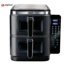 Alpina Double XXL cvrtnik na vroč zrak v črni barvi, prikazan s sprednje strani z dvema predaloma za pripravo različnih jedi hkrati in digitalnim upravljanjem.