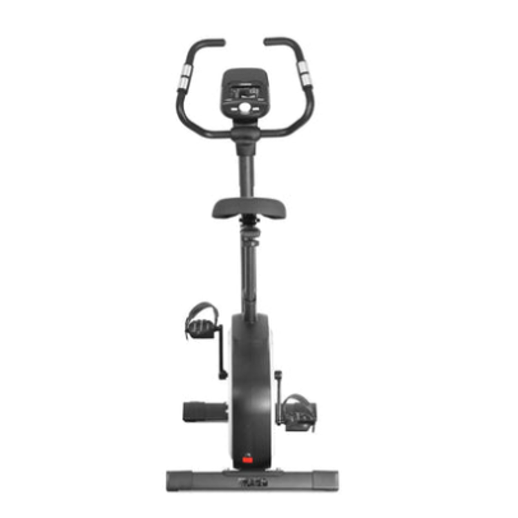 Sobno kolo Gymstick GB 3.0 White s sprednjim pogledom, LCD-zaslonom, nastavljivim sedežem in pedali s paščki.