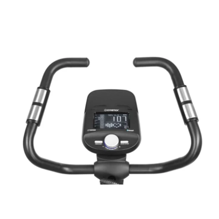 LCD-zaslon sobnega kolesa Gymstick GB 3.0 White z upravljalnim gumbom in senzorji srčnega utripa.