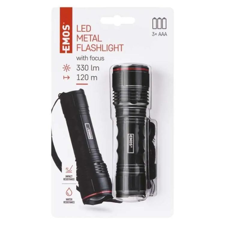 Ročna LED svetilka Emos 330 lm, 3× AAA, fokus, kovinska
