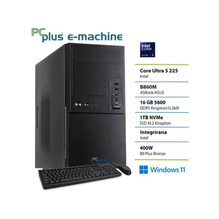 PC Plus e-machine namizni računalnik, fotografiran iz levega sprednjega kota s tipkovnico in miško.
