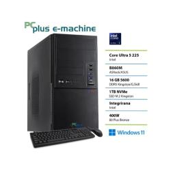 PC Plus e-machine namizni računalnik, fotografiran iz levega sprednjega kota s tipkovnico in miško.