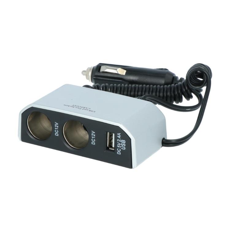 Avtomobilski razdelilec 12 V z dvema vtičnicama za cigaretni vžigalnik in USB priključkom 5 V/2,4 A.