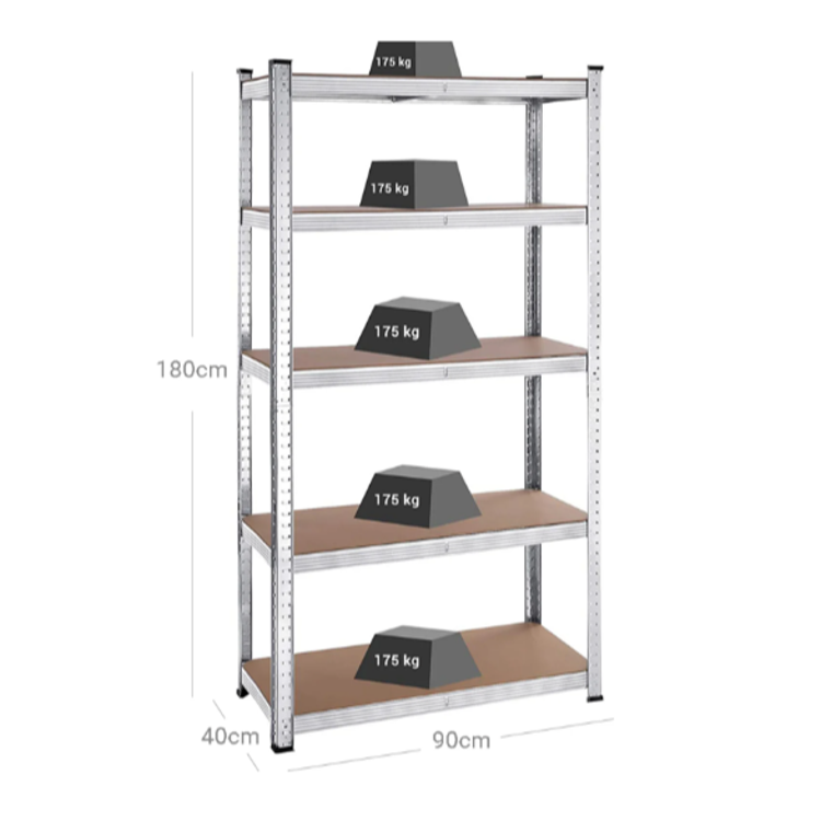Kovinski skladiščni regal z lesenimi policami, dimenzije 180 × 90 × 40 cm in nosilnost 175 kg na polico.
