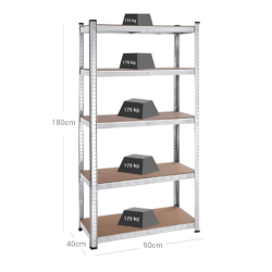 Kovinski skladiščni regal z lesenimi policami, dimenzije 180 × 90 × 40 cm in nosilnost 175 kg na polico.