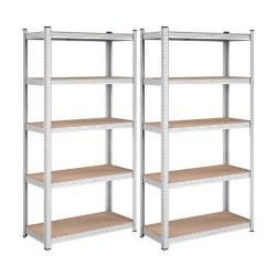 Dva kovinska skladiščna regala s petimi lesenimi policami, samostoječa na belem ozadju.