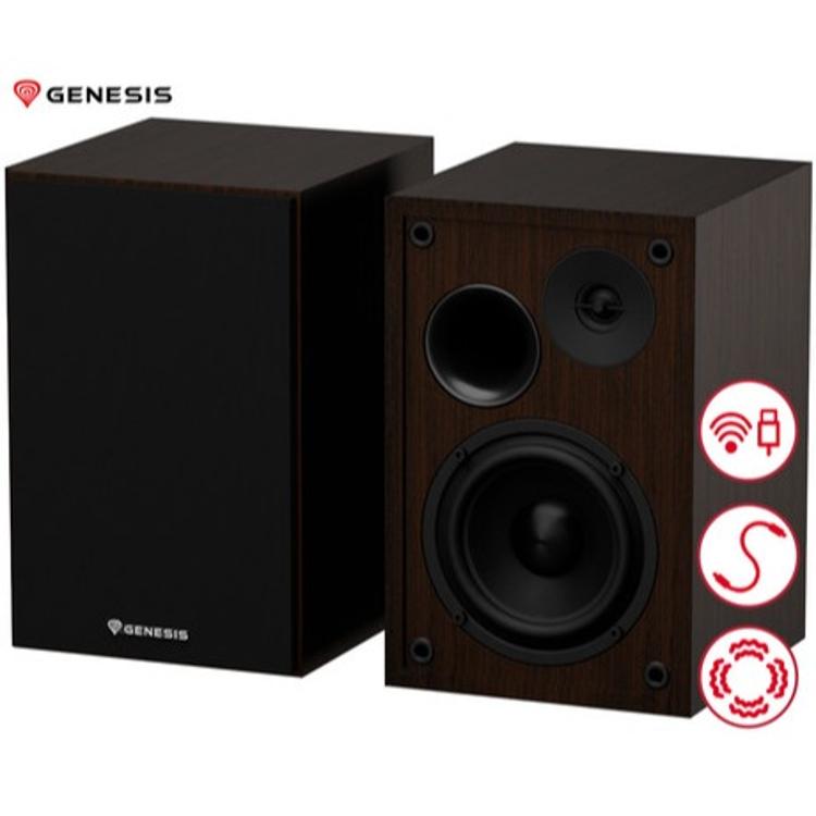 Genesis Arsen 302BT stereo zvočniki v lesenem ohišju, sprednji pogled z vidnimi gonilniki in Bluetooth ikonami.